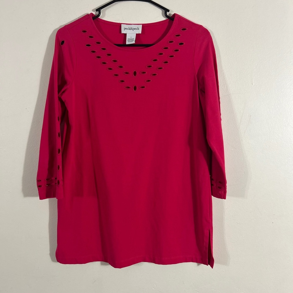 Peck & Peck Tunic Top Womens Small Pink Solid Eyelet 3/4 Sleeve Cotton RN140290